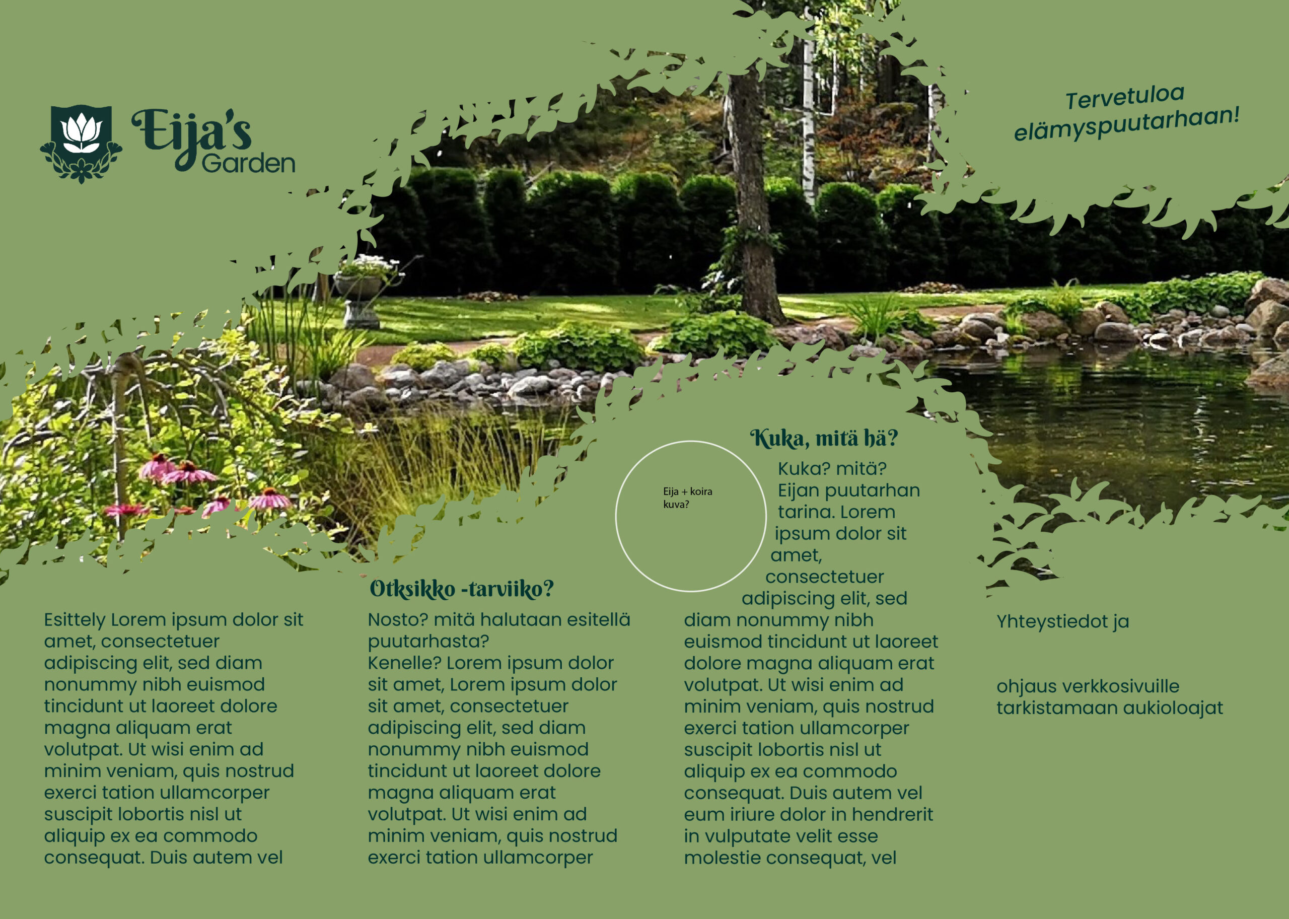 Here I was testing how the layout would look with a different photo option and bush + leaves and with the text. 